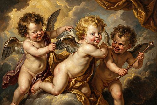 Three Cherubs in Cloud Scene with Scepter, Oil Painting