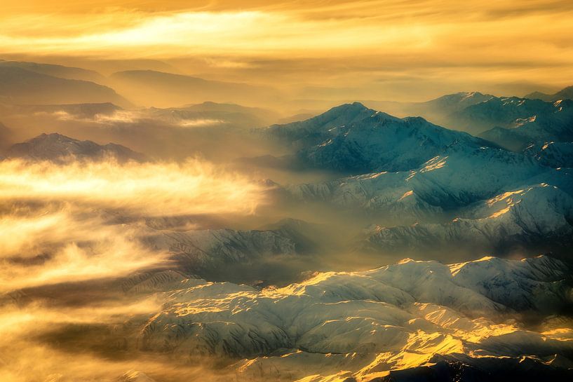 Aerial view Zagros mountains in Iran with fog by Dieter Walther
