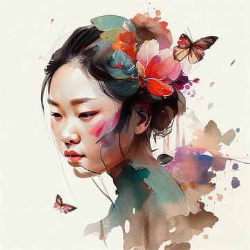 Watercolor Floral Asian Woman #4 by Chromatic Fusion Studio