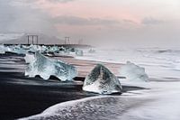 Morning light on the black ice beach in Iceland