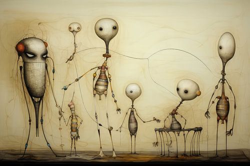 Bizarre surreal drawing of strange dolls