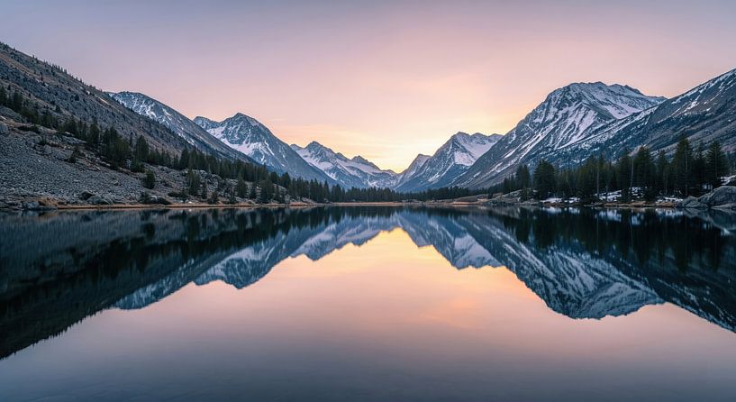 Mountain Peaks Reflected in Lake at Sunrise by Markus Gann