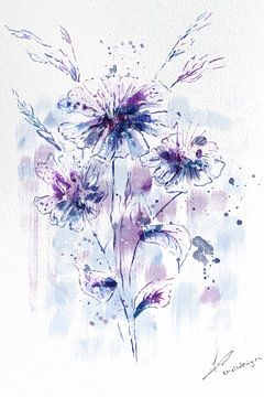 Classic watercolor painting of field flowers in purple lilac and blue by Emiel de Lange