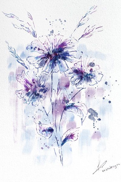 Gearceerd kust bevolking Klassiek aquarel schilderij van veldbloemen in paars lila en blauw van  Emiel de Lange op canvas, behang en meer