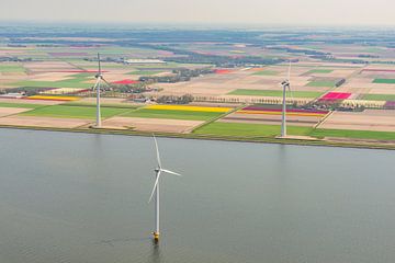 Luchtfoto van windturbines aan de kust van het IJsselmeer