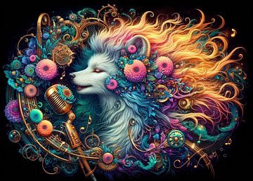 Weißer Wolf singt in Blumen von Digital Picture Art