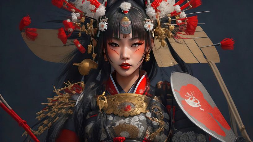 Female Samurai in red and bronze. by Brian Morgan