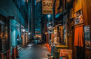 Stimmungsvoll beleuchtete Straßenszene in Japan am Abend