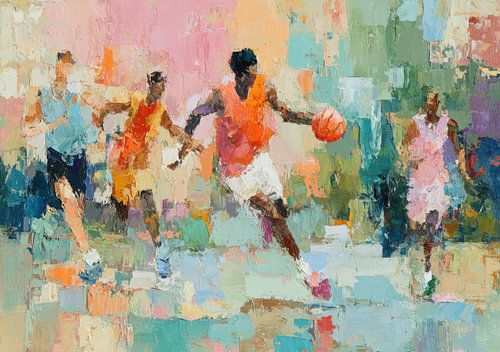Basketbalwedstrijd in levendige kleuren