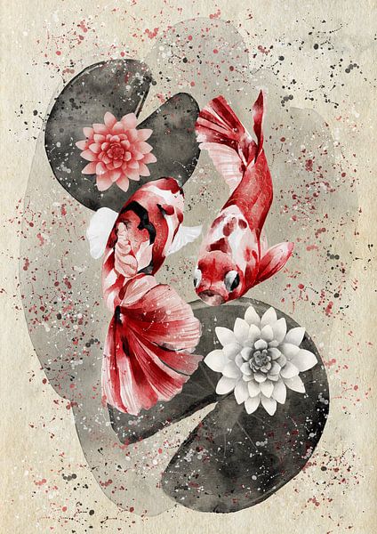 Koi dans l'étang de lotus par Lucia