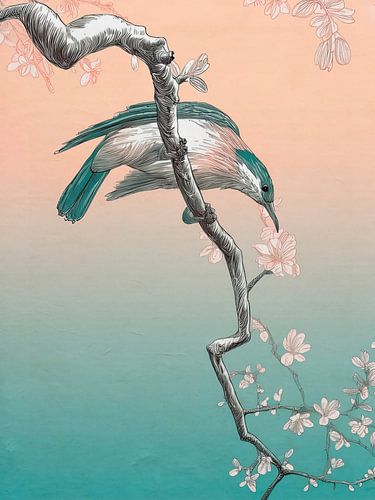 Japanse Vogel op Bloesemtak – Een Moderne Hommage aan Ohara Koson