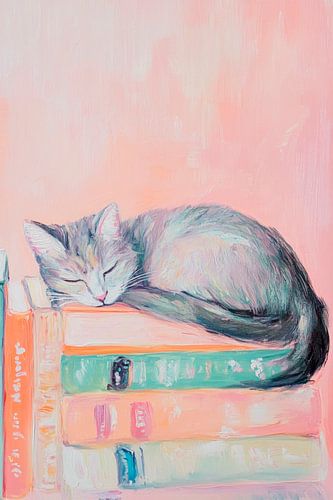 Kat slaapt op een stapel boeken