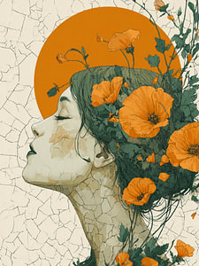 Frau mit orangefarbenen Blumen und Sonne – Botanische moderne Wanddekoration