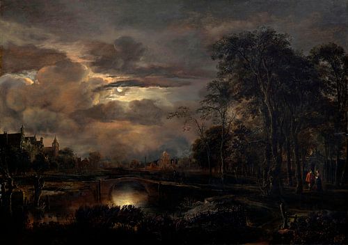 Maanverlicht landschap met brug, Aert van der Neer