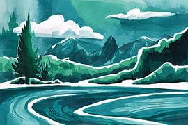 Paysage de montagne avec des arbres minimalistes sur Art & Soul Creations