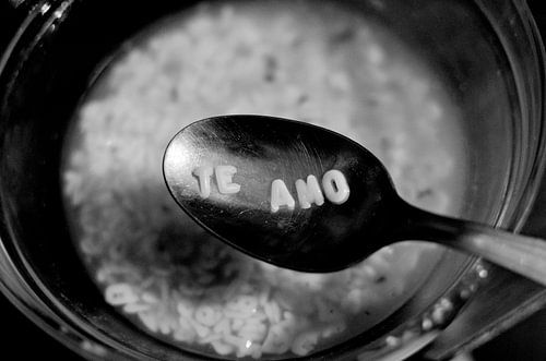Love Words in Alphabet Soup - Black and White Photography