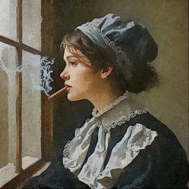 A portrait of an 18th-century young woman smoking a cigarette and looking out of the window. by J.a Dijkstra