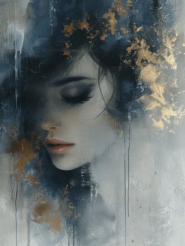 Modern abstract portret in blauw en goud