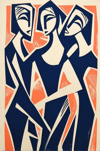 Drie mooie zussen | Kubistische digitale houtsnede