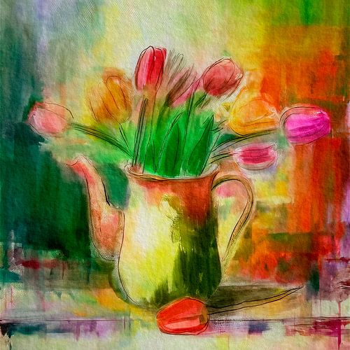 Abstract stilleven schilderij. Koperen kan met Hollandse tulpen