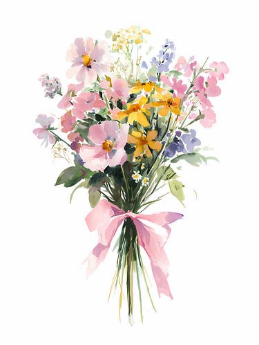Delicate Wildflower Bouquet with Pink Bow Art