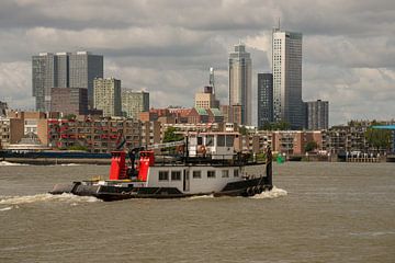 Duwboot vaart langs de skyline van Rotterdam van scheepskijkerhavenfotografie