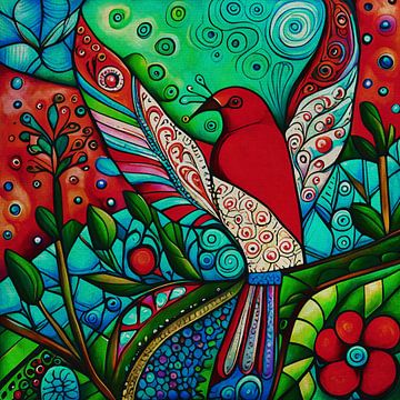 Rode vogel in een kleurrijk bos van Jan Keteleer