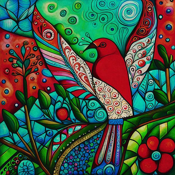 Red bird in a colorful forest by Jan Keteleer (JanKé): A Journey Beyond the Canvas