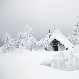Besneeuwd huisje in fins Lapland