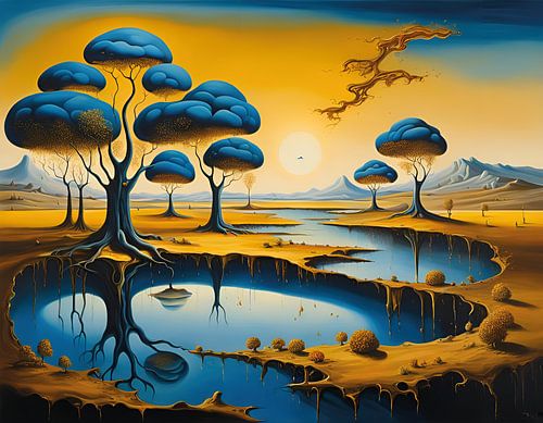 Paysage surréaliste avec des arbres et de l'eau
