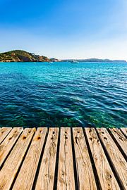 Wooden pier with blue sea water and coast landscape background by Alex Winter