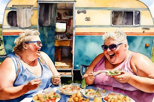 2 gezellige dames eten bij de caravan