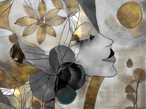 Modern chique portret van een vrouw met bloemen (liggend)