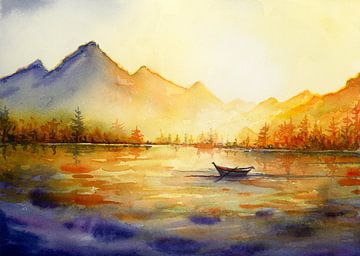 Mountain lake with boat at sunset by Anke Meijer