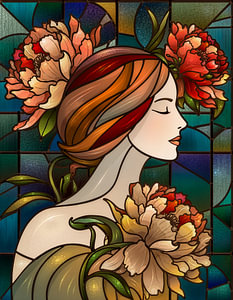 Junge Frau mit bunten Blumen Digitale Kunst Glasmalerei im Porträt  als Kunstdruck auf Leinwand