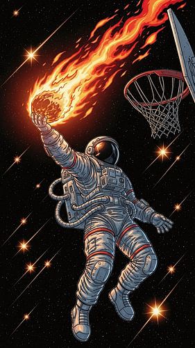 Astronaut Dunking Fiery Basketball Dynamic Space Illustration with Cosmic Energy by AciiidArt