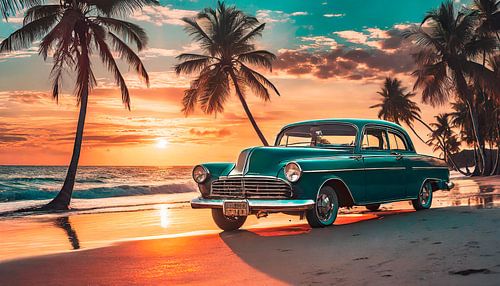 Oldtimer am Strand mit Sonnenuntergang