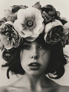 Vrouw met bloemen in zwartwit