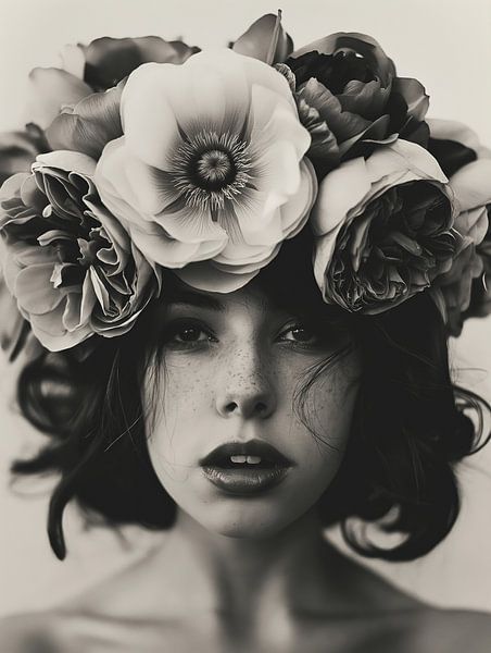 Frau mit Blumen in Schwarz und Weiß von Imagine