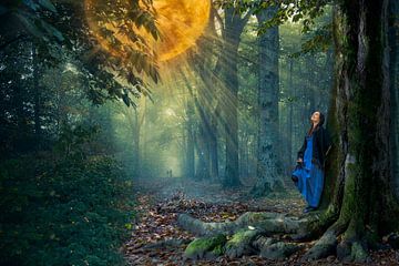 Dreamscape #6 Vrouw in een magisch bos ontmoet de maan van Laura van der Burgt