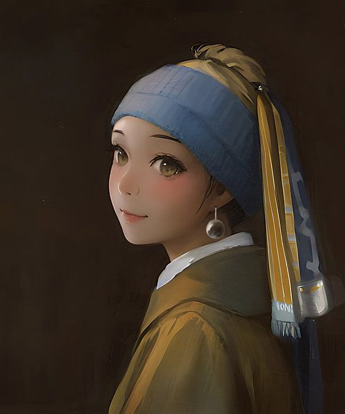 Girl with pearl in anime cartoon style by Emiel de Lange