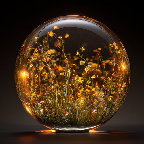Gelbe Feldblumen mit orangefarbenem Schimmer in einer Glaskugel