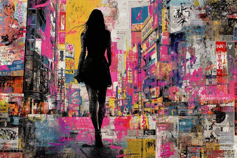 Street Art Frau - Tokio Neon Lebendige Malerei von BowiScapes Abstrakt und digitale Kunst