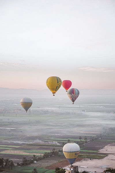 Farbige Heißluftballons Sonnenaufgang am Nil Luxor, Ägypten von Hannah Hoek