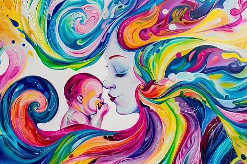 Digitaal abstract schilderachtig portret fictieve vrouw en kind