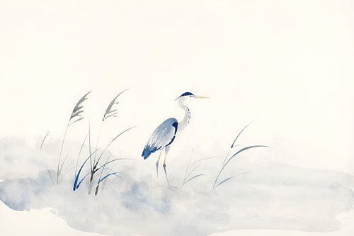 A heron in blue watercolour