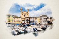 Waterverf van de kerk Saint Jean-Baptiste in Bastia van Youri Mahieu thumbnail