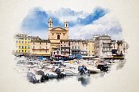 Waterverf van de kerk Saint Jean-Baptiste in Bastia