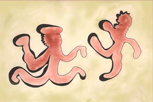 bruin 5 aquarel van vrolijk dansende figuurtjes in line-art stijl
