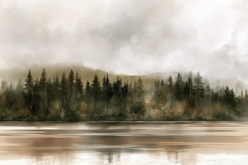 Paysage brumeux d'un lac aux rives de conifères